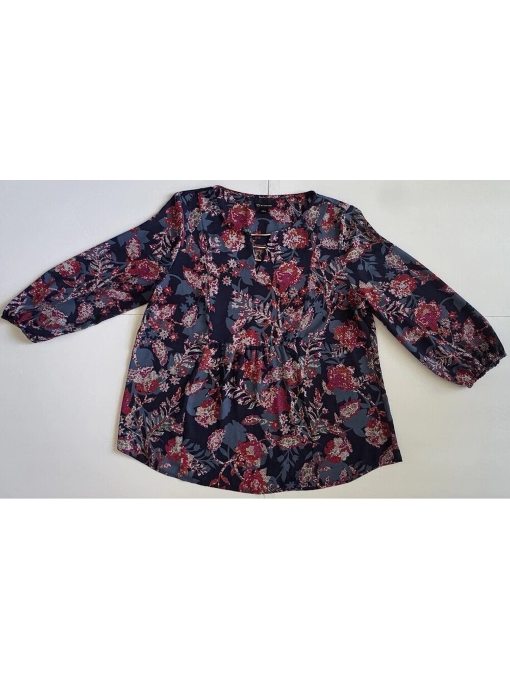 New Directions Top L Navy Red Floral Peplum Metal Bar Lace Up Tunic